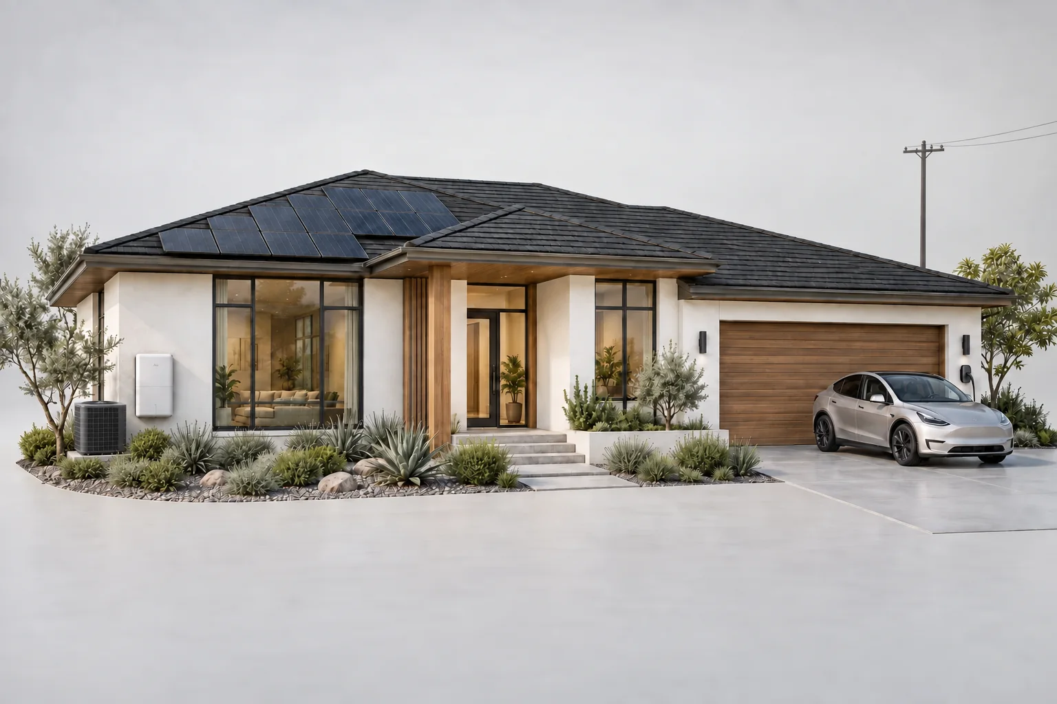 Architectural concept of a connected home with rooftop solar, a finished roof, large windows and doors, an outdoor HVAC unit, battery storage and an electric vehicle.